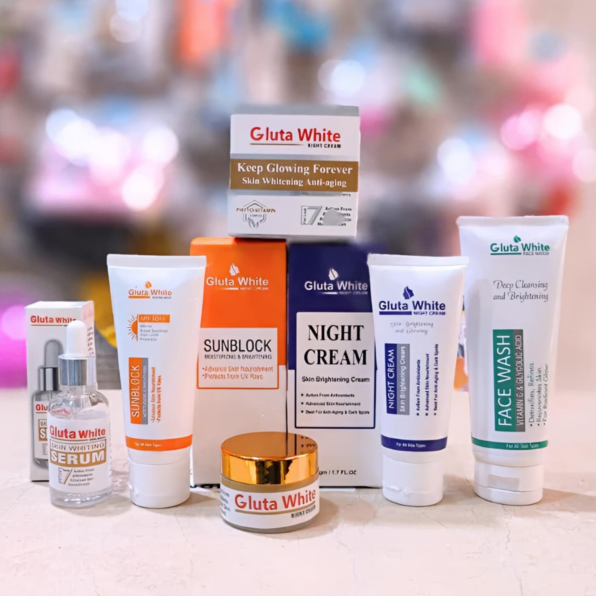 5-in-1 Gluta White Skincare Set | Face Cream, Facewash, Serum, Sunblock & Night Cream